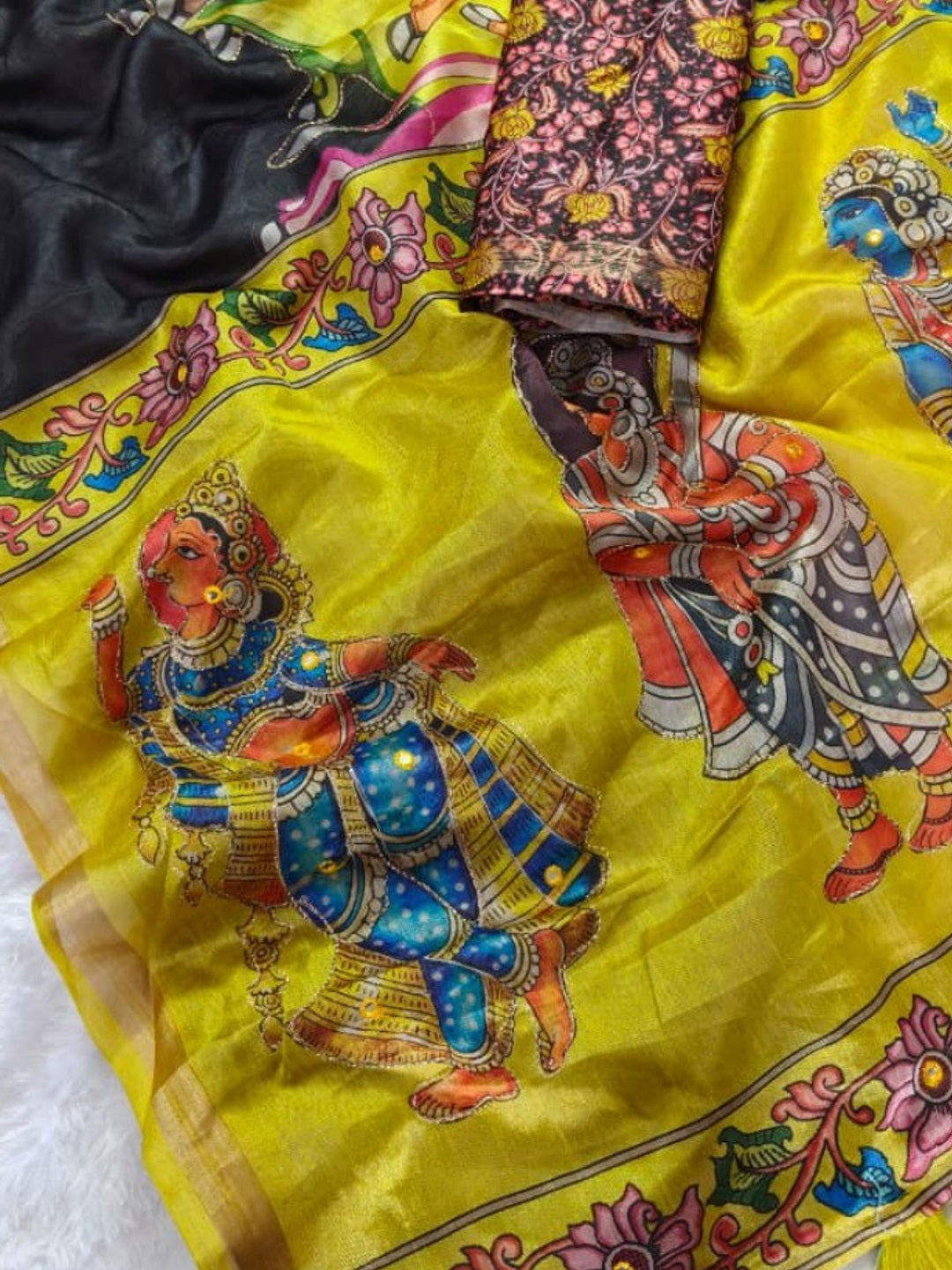 Exquisite Printed Black Linen Saree with Vibrant Border - Image 3