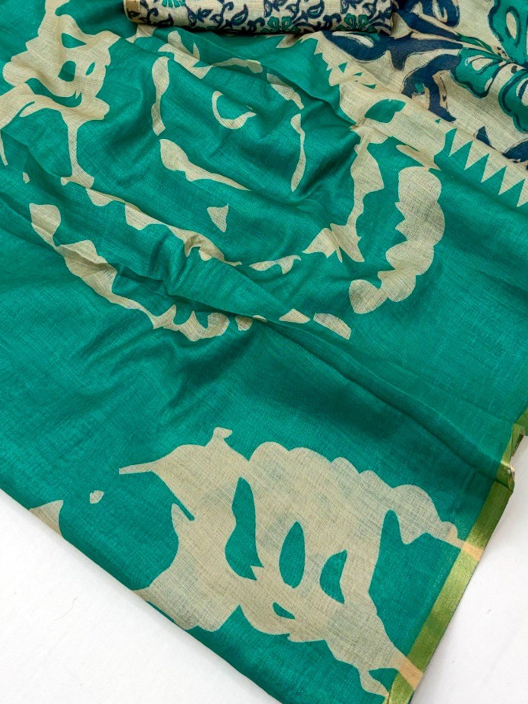 Elegant Turquoise Abstract Print Linen Saree with Floral Blouse - Image 2