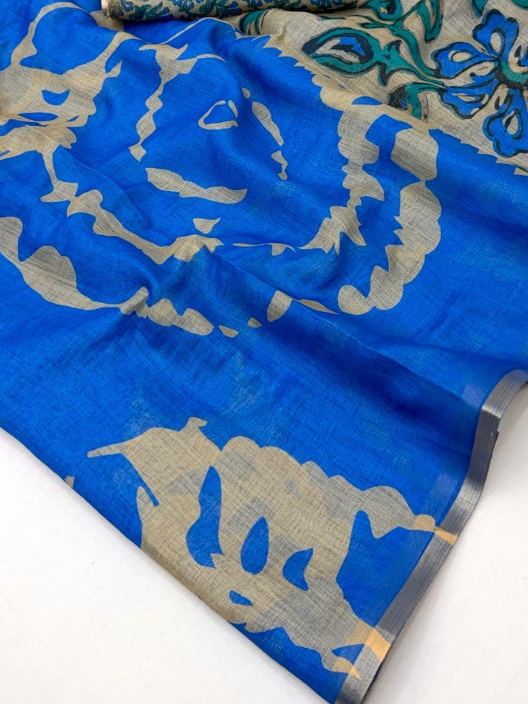 Elegant Blue Abstract Print Linen Saree with Floral Blouse - Image 1