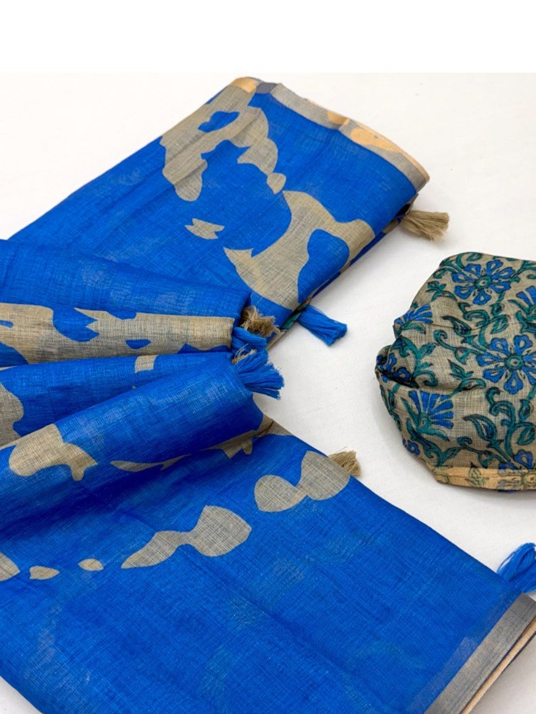 Elegant Blue Abstract Print Linen Saree with Floral Blouse - Image 2
