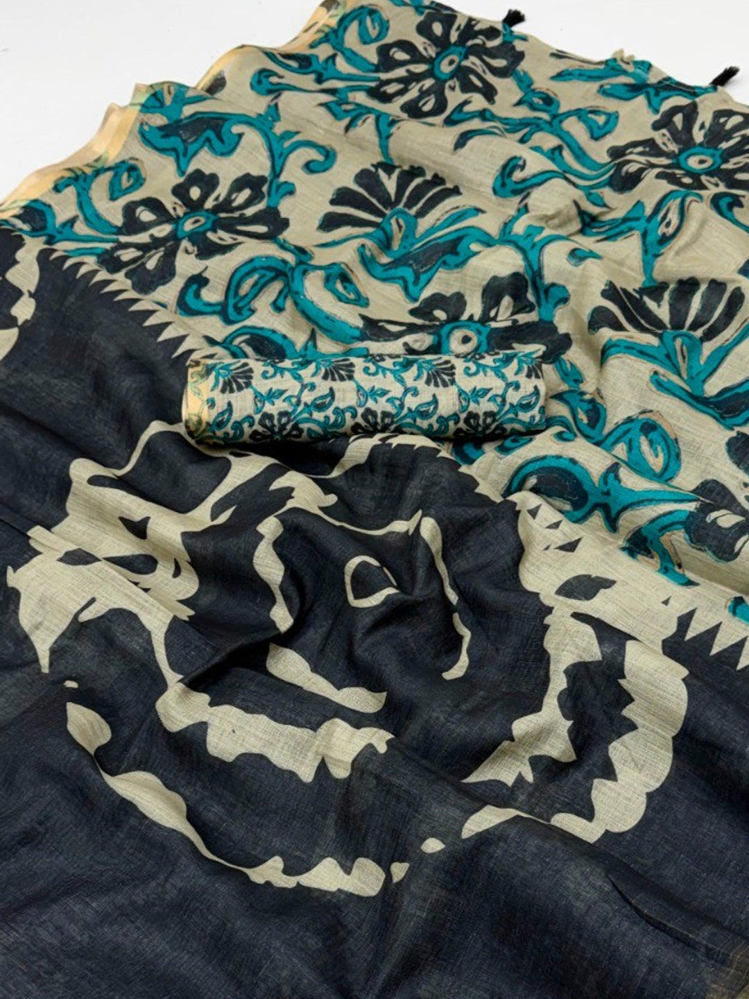 Elegant Black Abstract Print Linen Saree with Floral Blouse - Image 3
