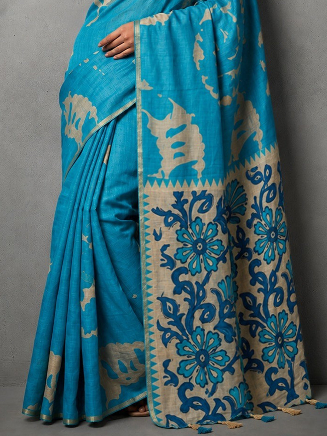 Elegant Sky Blue Abstract Print Linen Saree with Floral Blouse - Image 2