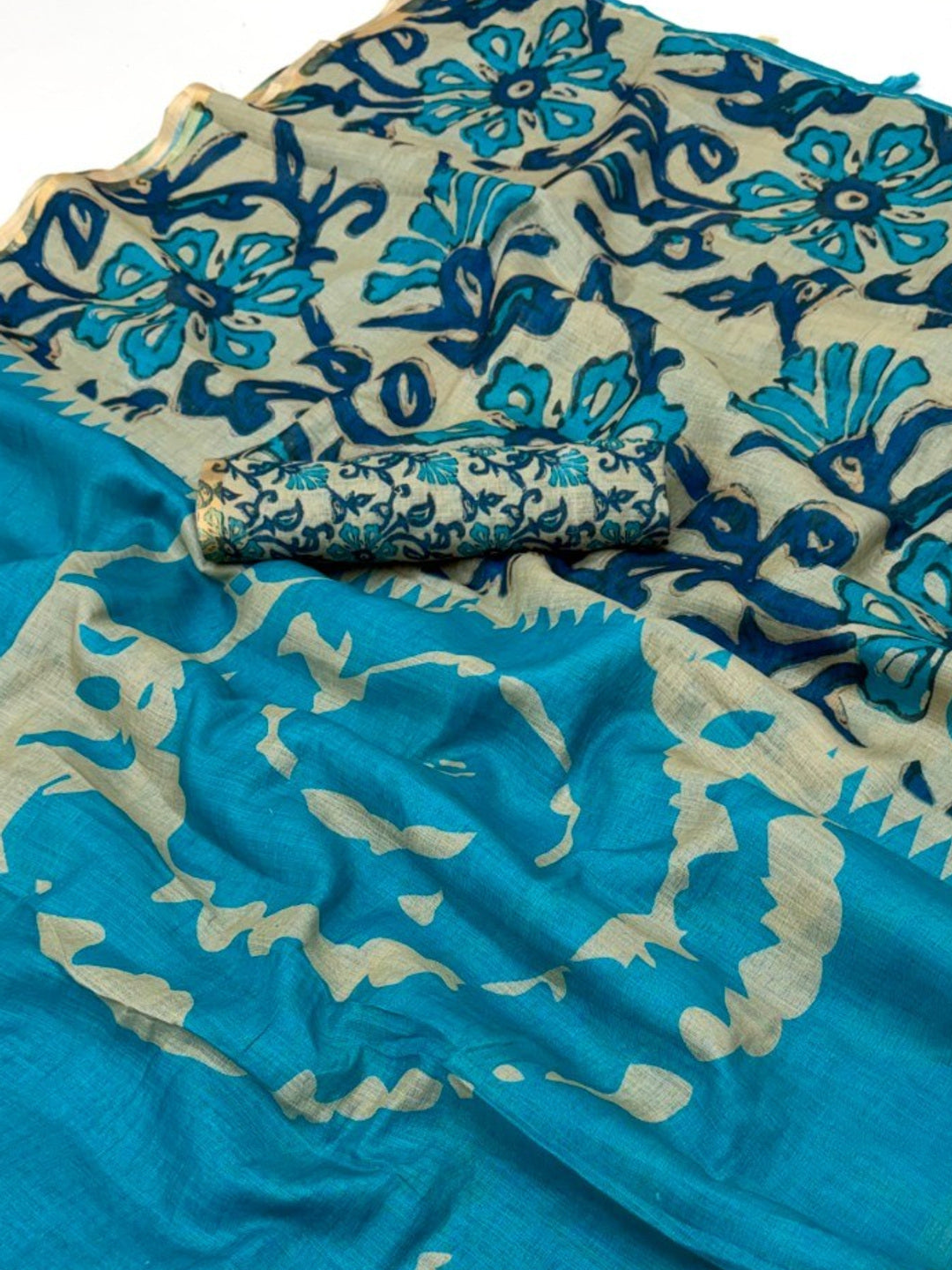 Elegant Sky Blue Abstract Print Linen Saree with Floral Blouse - Image 3