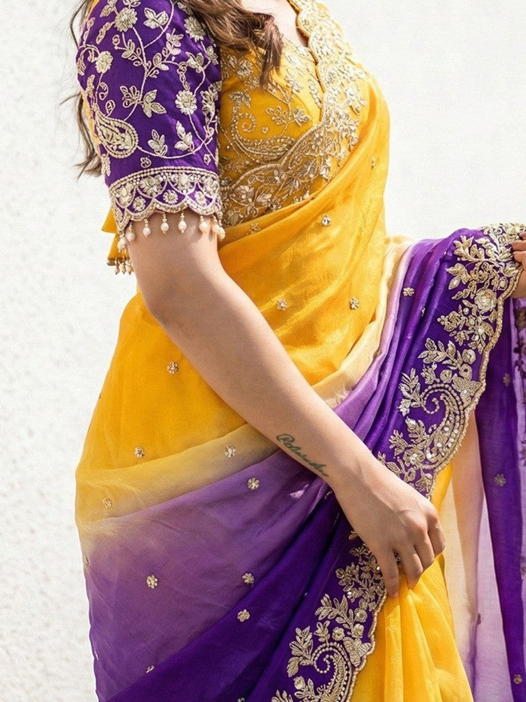 Yellow & Purple Floral Organza Satin Silk Saree With Sequins Embroidery And Pearl Accent Pallu - Image 6