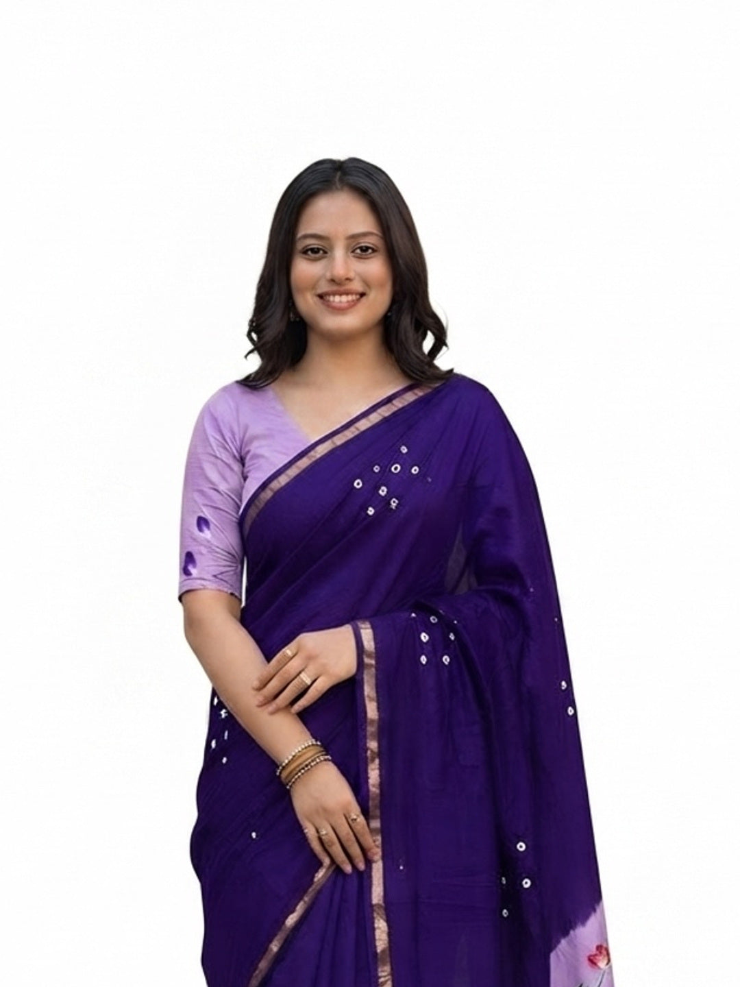 Elegant Purple Mulmul Cotton Saree with Bandhani and Floral Print - Image 2