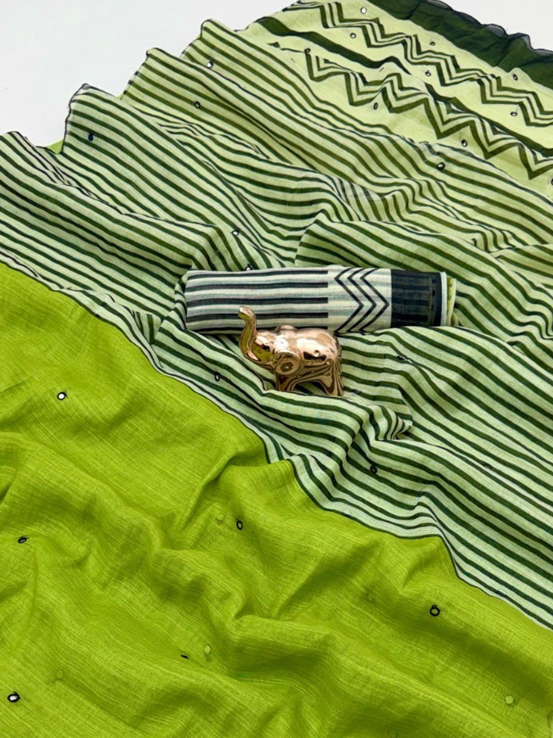 Stylish Green Linen Saree with Multicolor Printed Motifs Minimal Elegant Look - Image 1