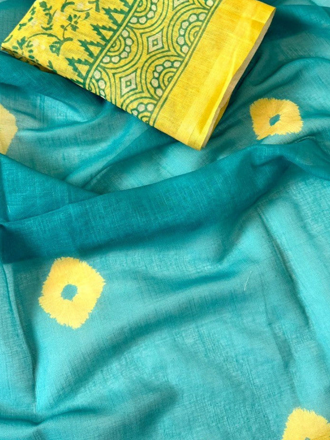 Elegant Green Linen Saree with Yellow Bandhani Print - Image 1