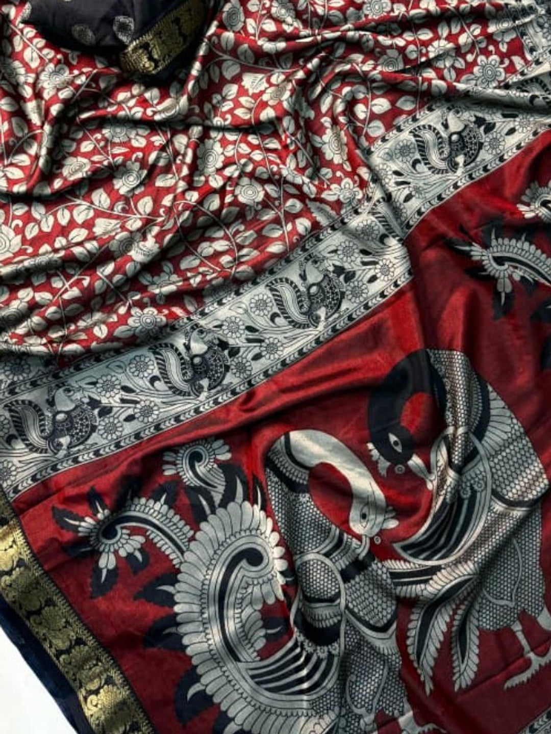 Elegant Red & Black Mulmul Cotton Saree with Kalamkari Peacock Motif Border - Image 1
