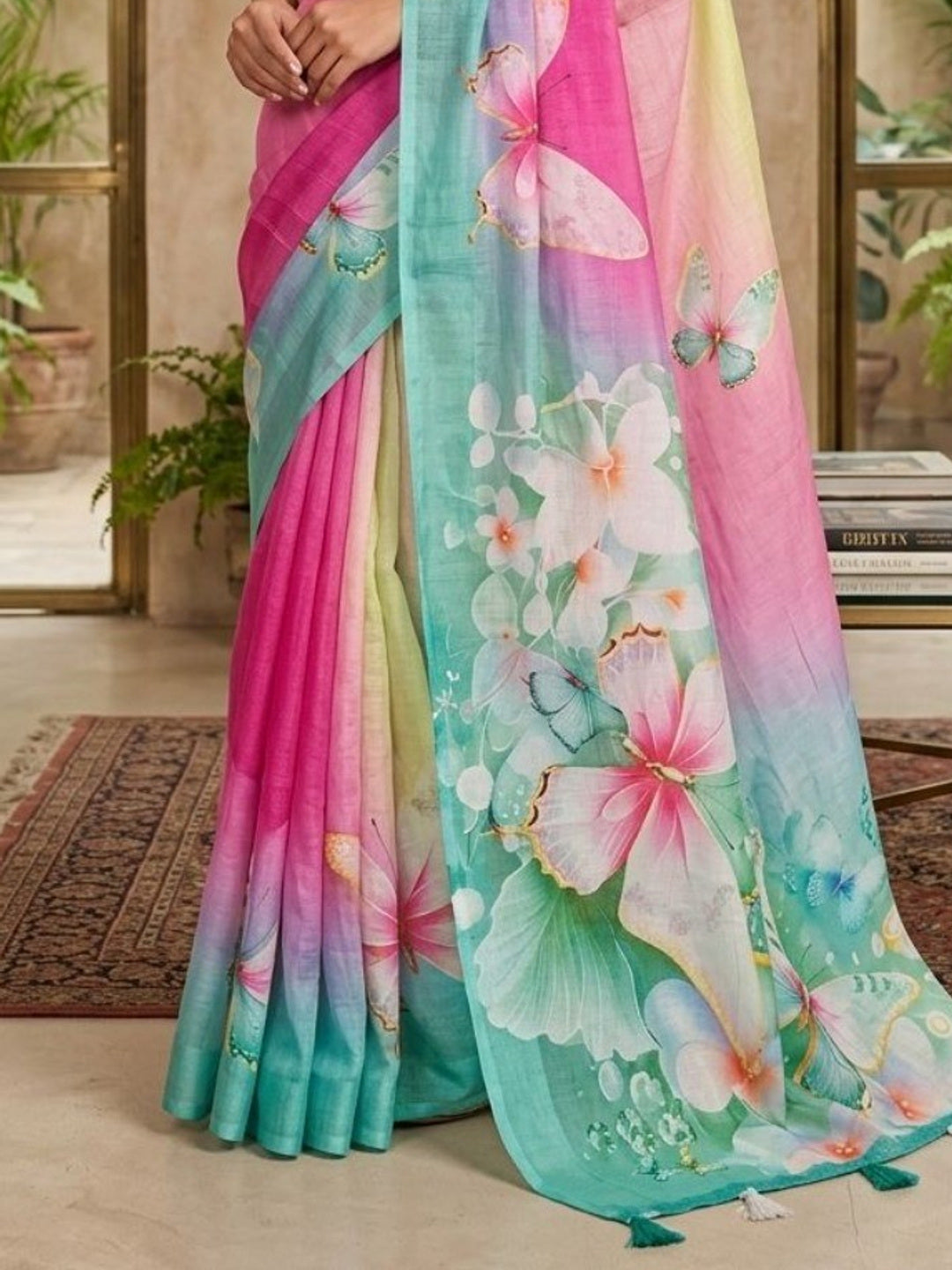 Classic Multicolor Elegant Ombre Saree With Floral Digital Print & Butterfly Motif Detailing - Image 4