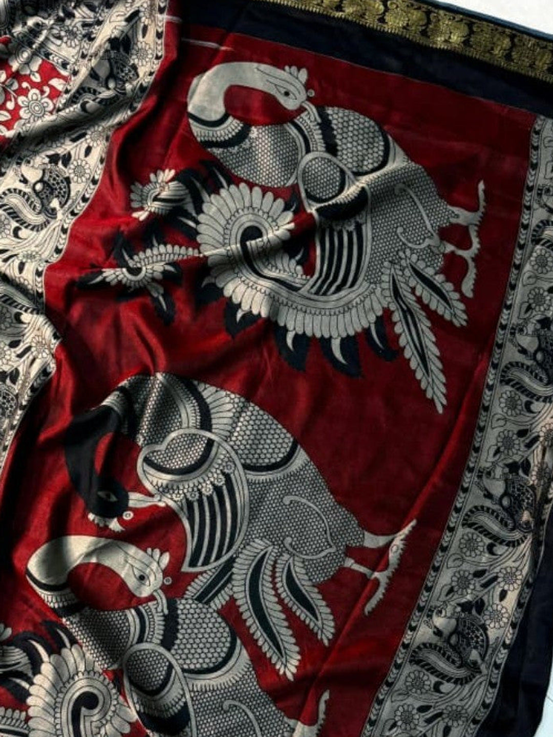 Elegant Red & Black Mulmul Cotton Saree with Kalamkari Peacock Motif Border - Image 2