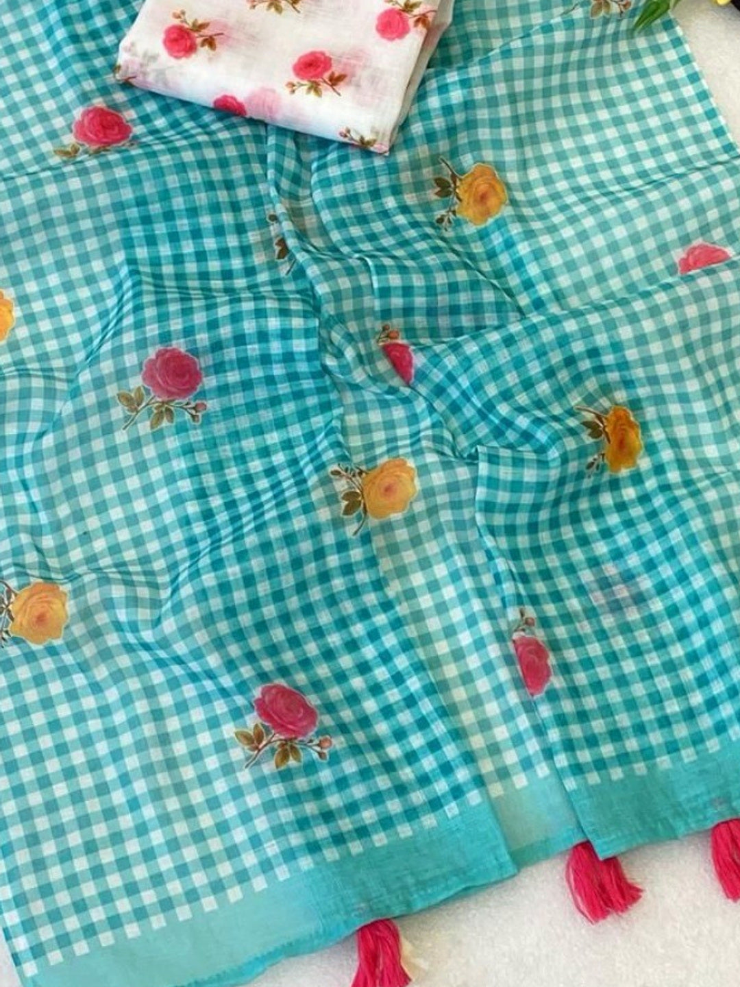 Turquoise Linen Saree with Checked Print and Floral Motifs - Image 1