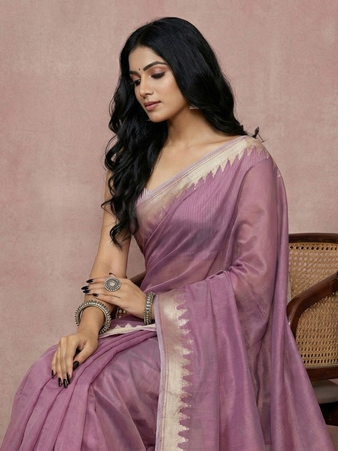 Delicate Purple Stripe Pattern Woven Cotton Silk Saree With Subtle Artisan Weave - Image 3