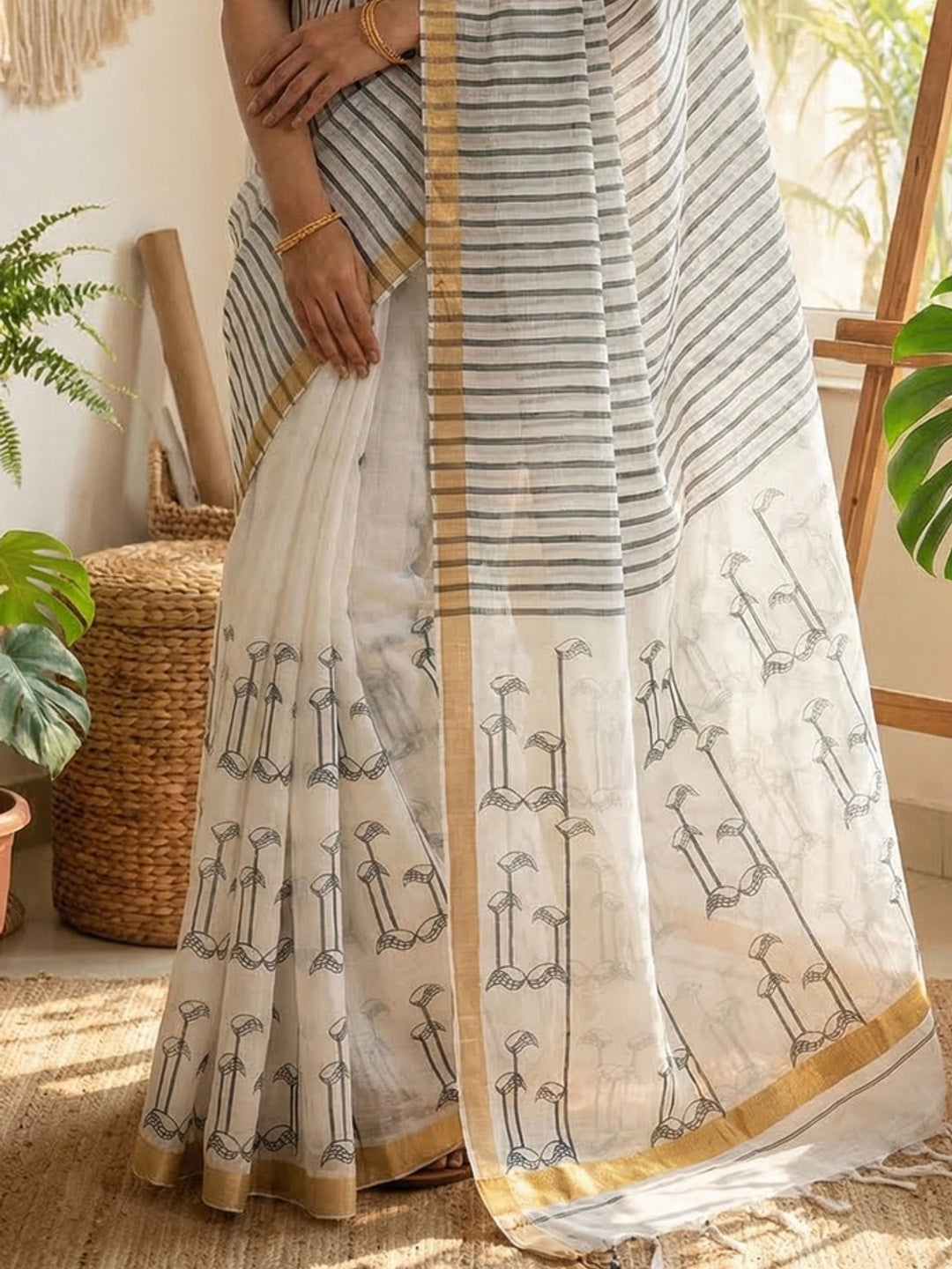 Elegant White Linen Saree with Striped Pallu and Zari Border - Image 2