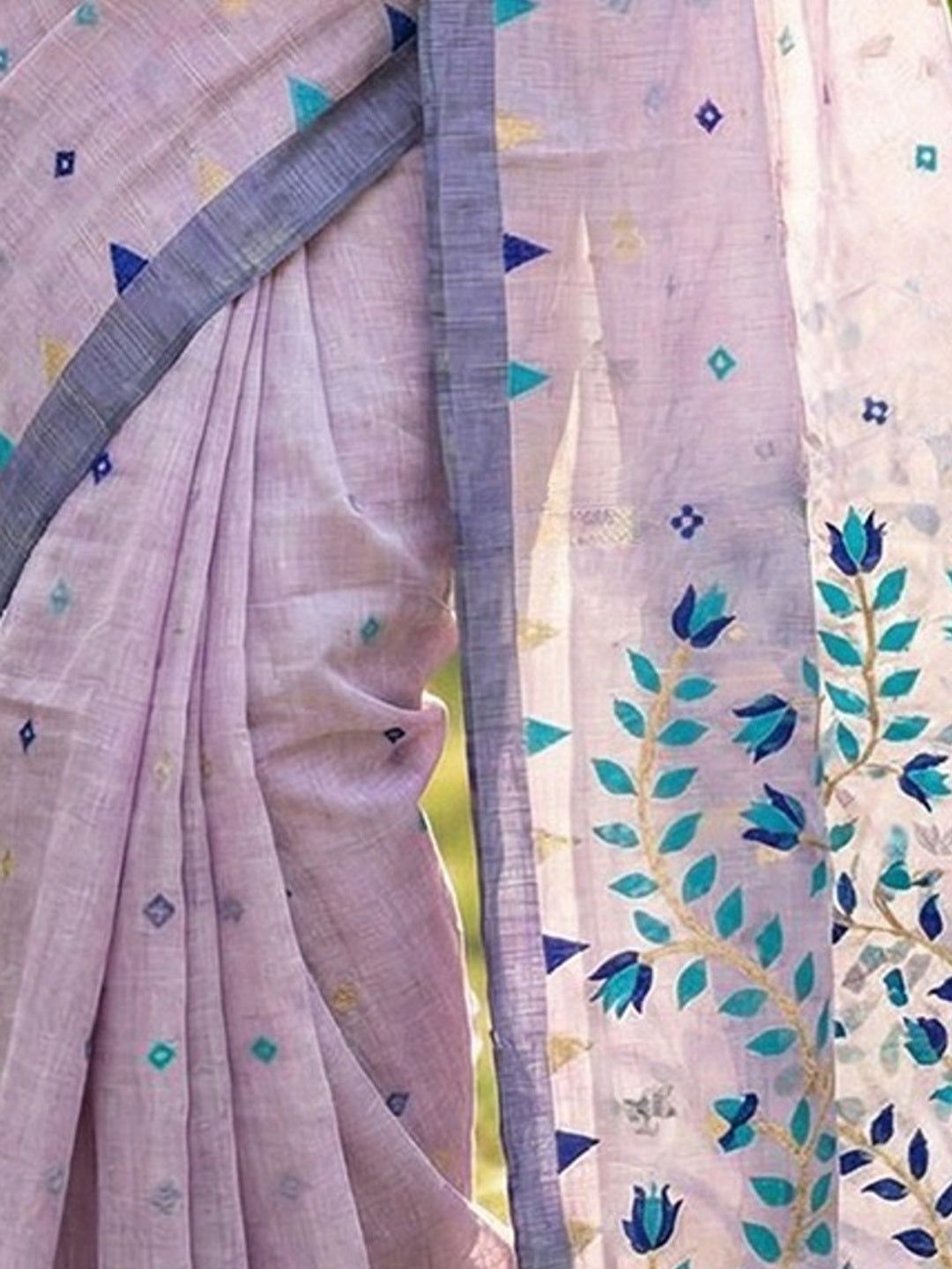 Elegant Lavender Cotton Blend Saree with Geometric Woven Design in Jamdani Style - Image 2