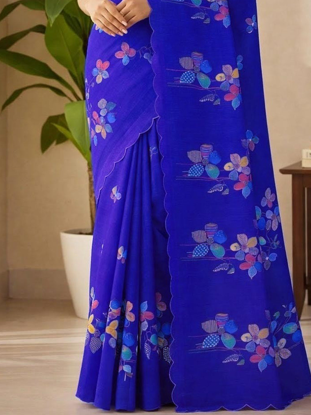 Blue Pure Linen Saree Adorned with Soft Floral Patterns - Image 1