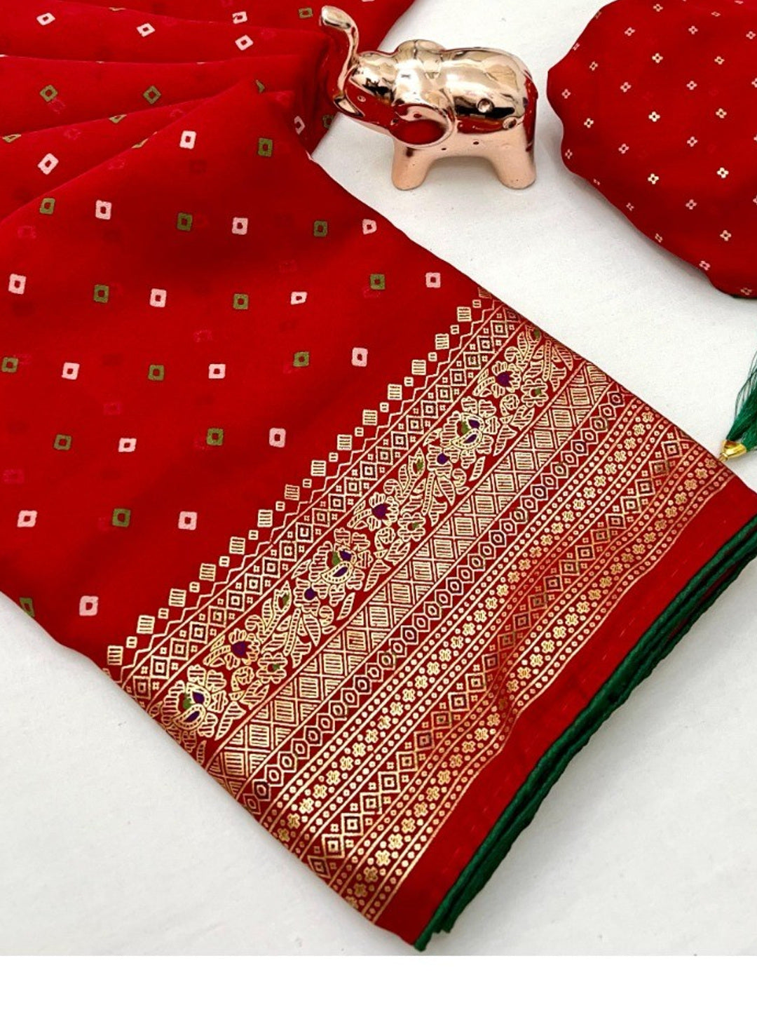 Luxurious Red Bandhani Foil Printed Viscose Saree for Traditional Functions and Parties - Image 1