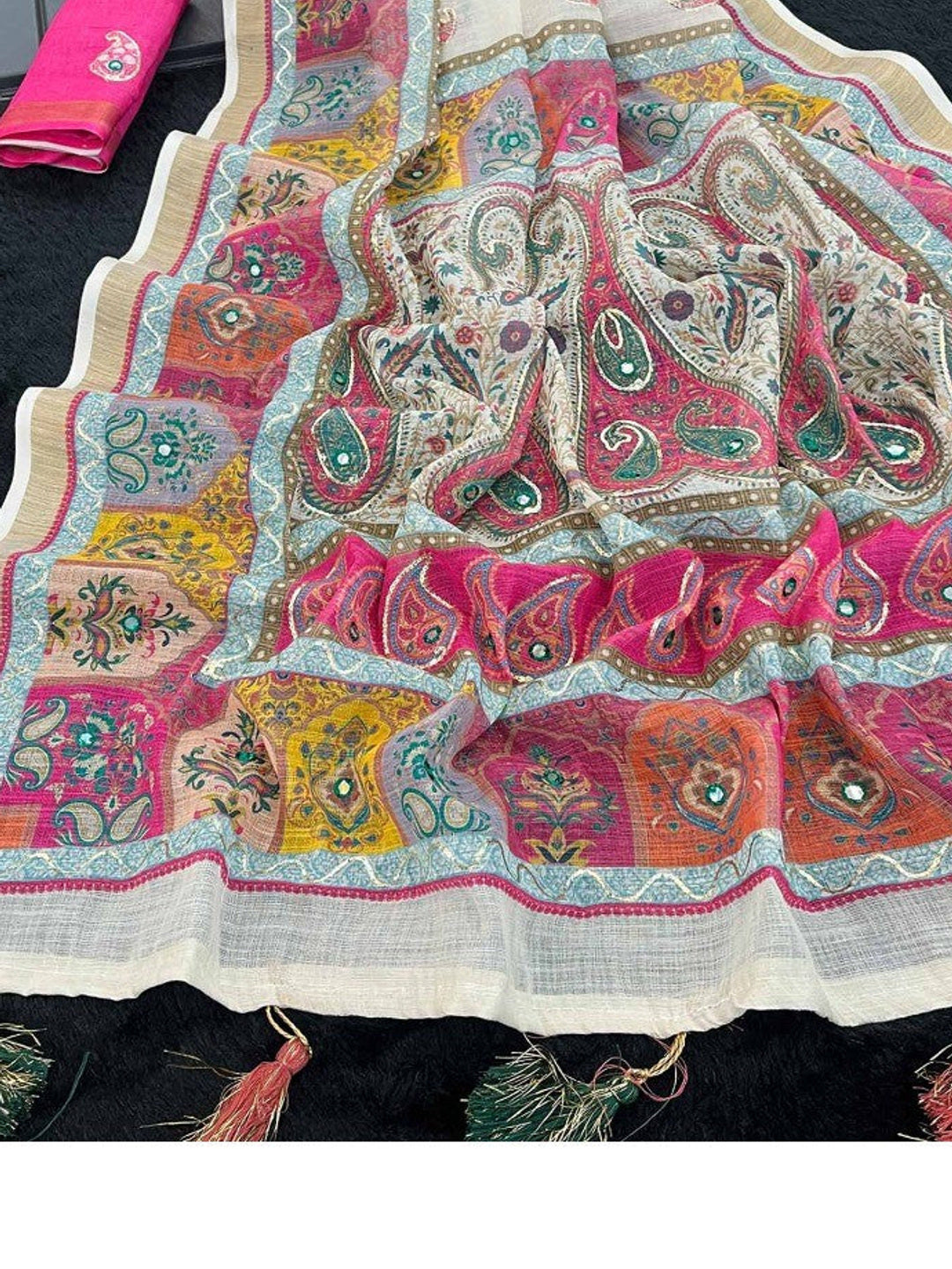 Offwhite Linen Saree Adorned with Paisley Prints and Elegant Embroidery Design - Image 1