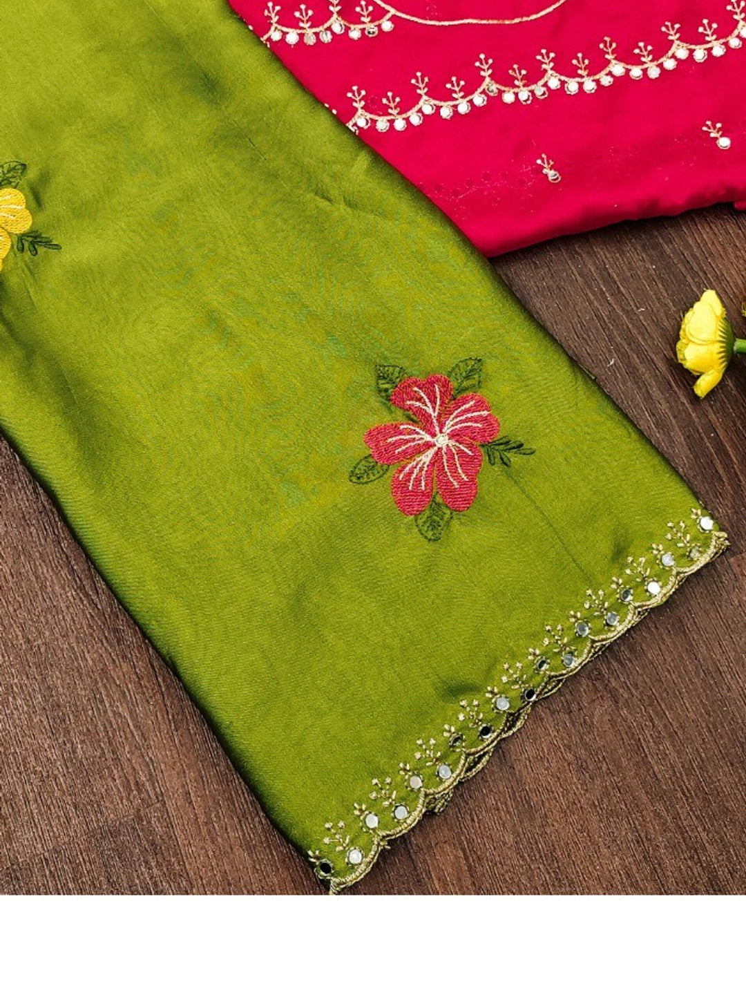 Green & Pink Floral Thread Work Saree Viscose Beautiful Mirror Border Festive Glamour - Image 3