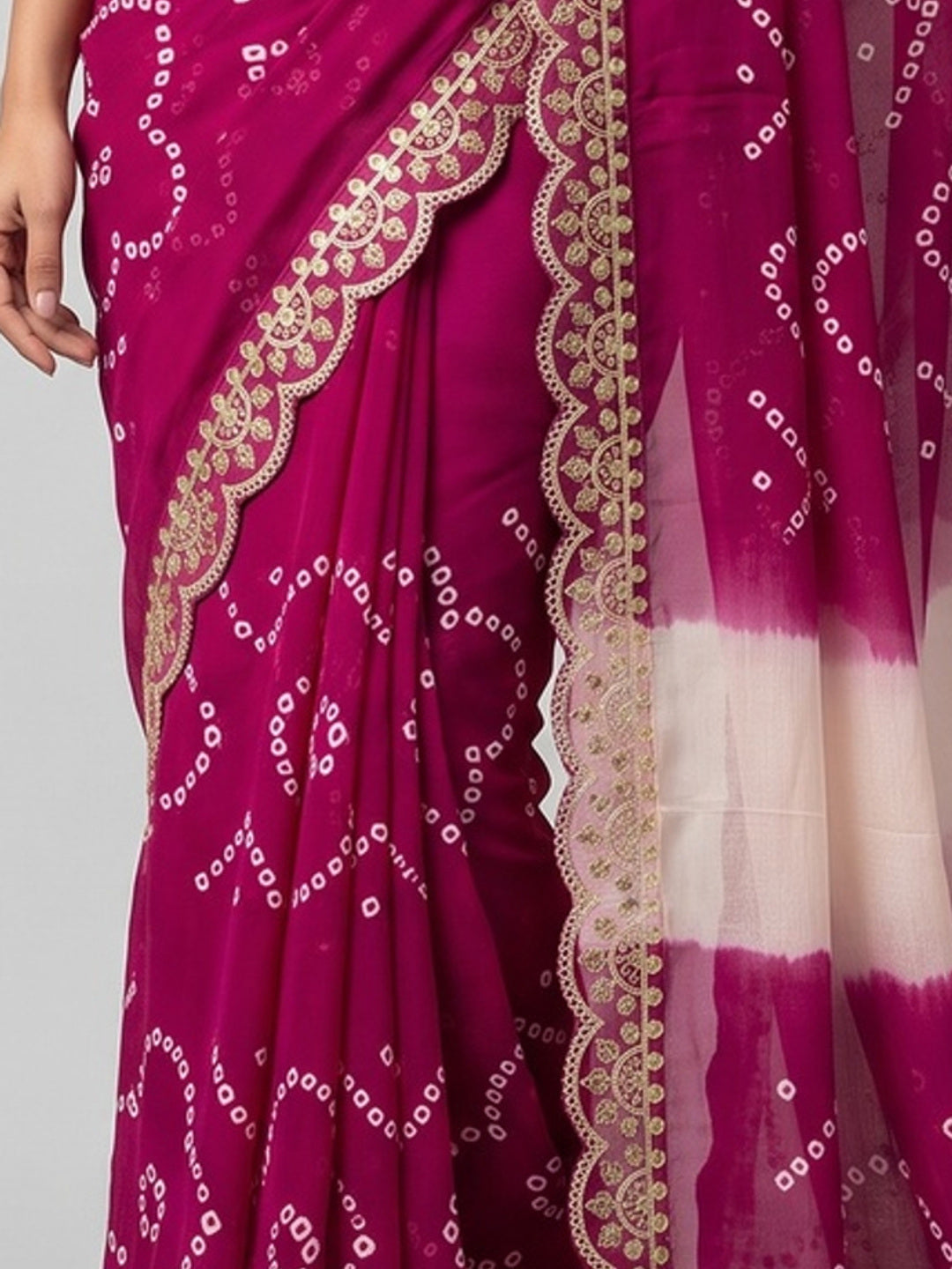 Pink & White Traditional Bandhani Printed Moss Chiffon Saree with Shimmering Sequins Work - Image 3