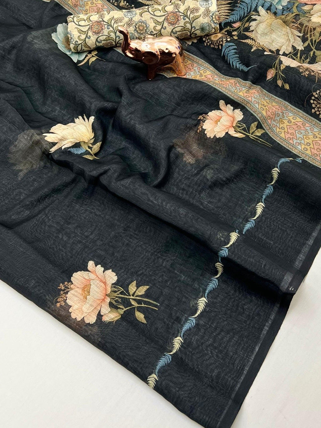 Elegant Black Linen Saree with Floral Print and Border Detail - Image 5