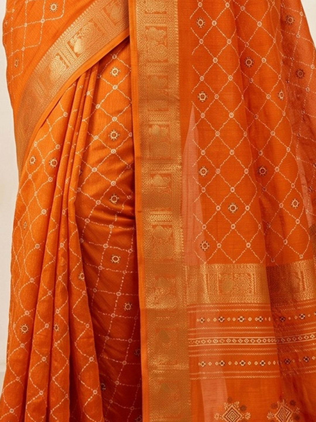 Rich Orange Dola Silk Saree with Blossoming Grid Pattern and Zari Trim - Image 3