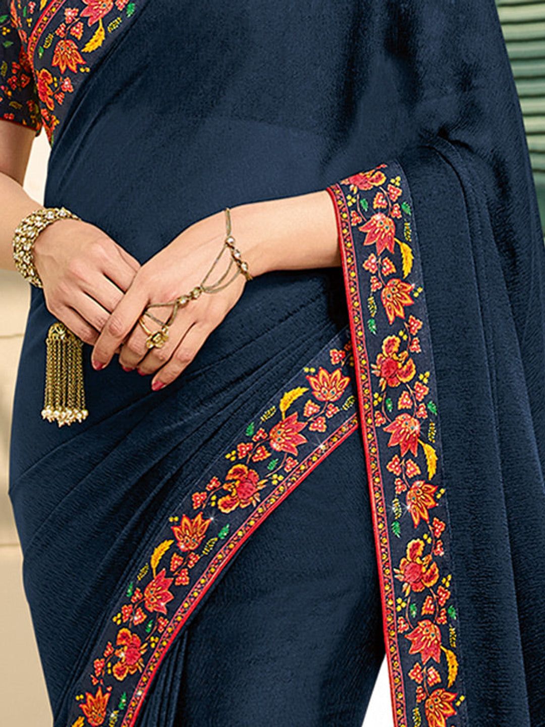 Navy Blue Floral Digital Printed Georgette Saree - Image 1