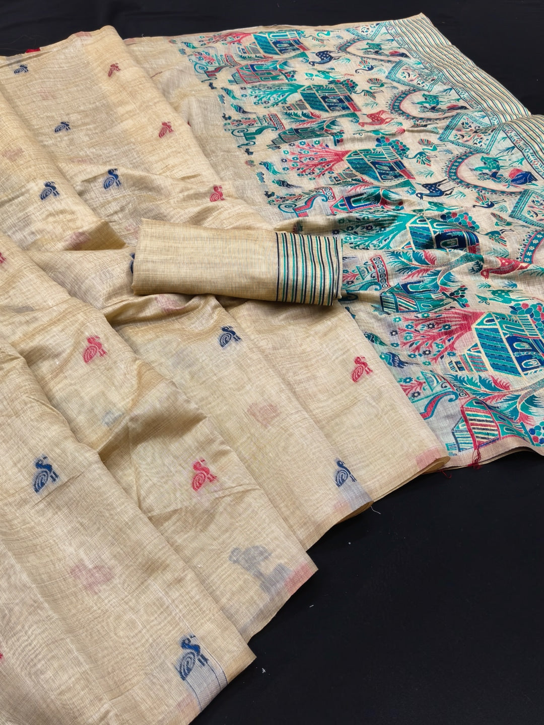 Peachmode Cream Teal Woven Cotton Blend Jamdani Saree - Image 2