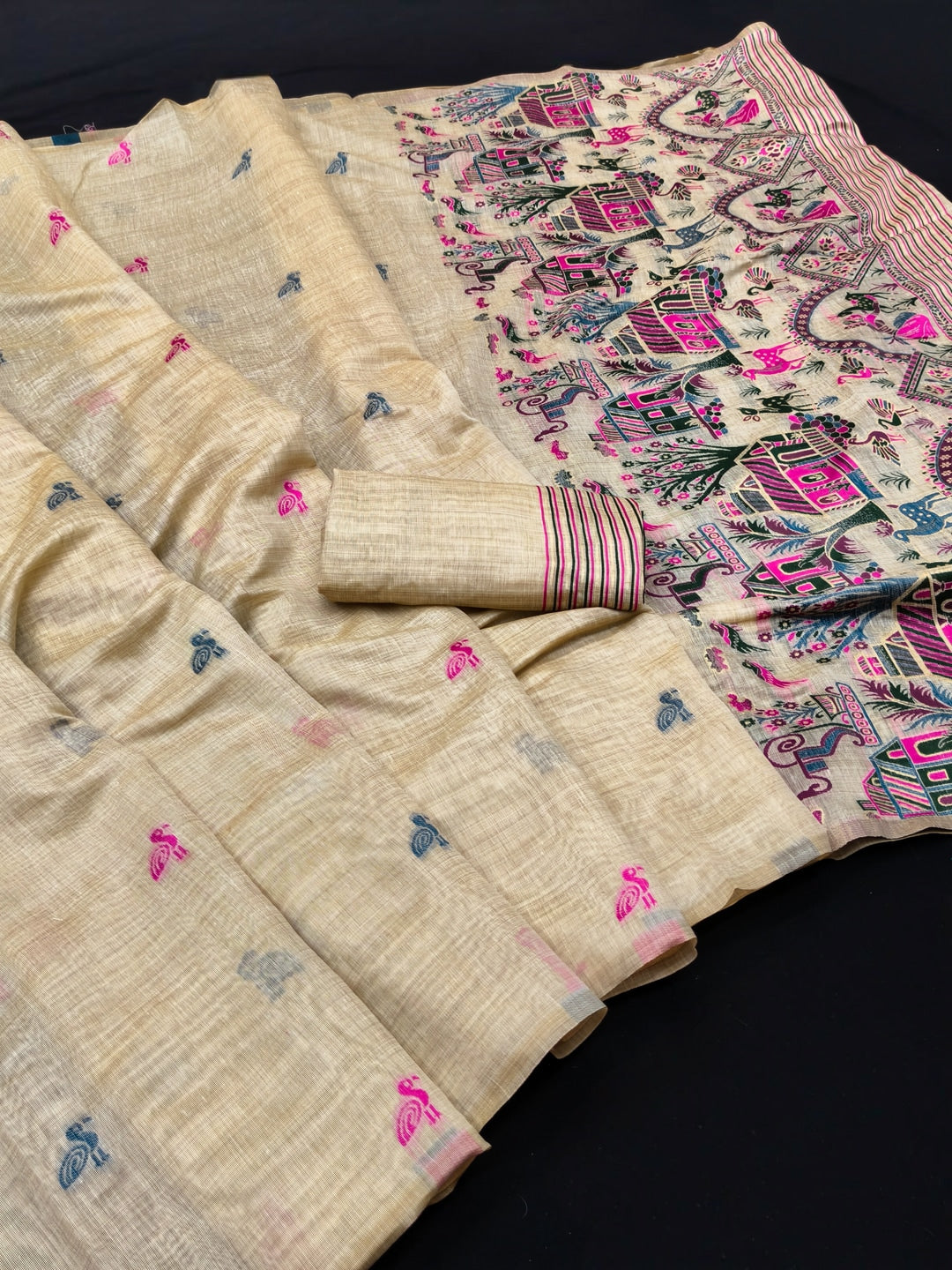 Peachmode Cream Pink Woven Cotton Blend Jamdani Saree - Image 2