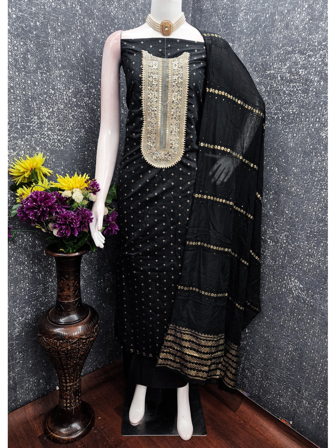 Peachmode Black Embroidered Chanderi Dress Material - Image 4
