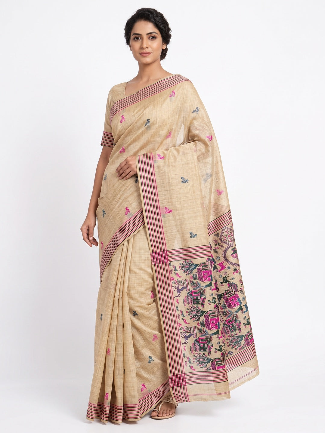 Peachmode Cream Pink Woven Cotton Blend Jamdani Saree - Image 1