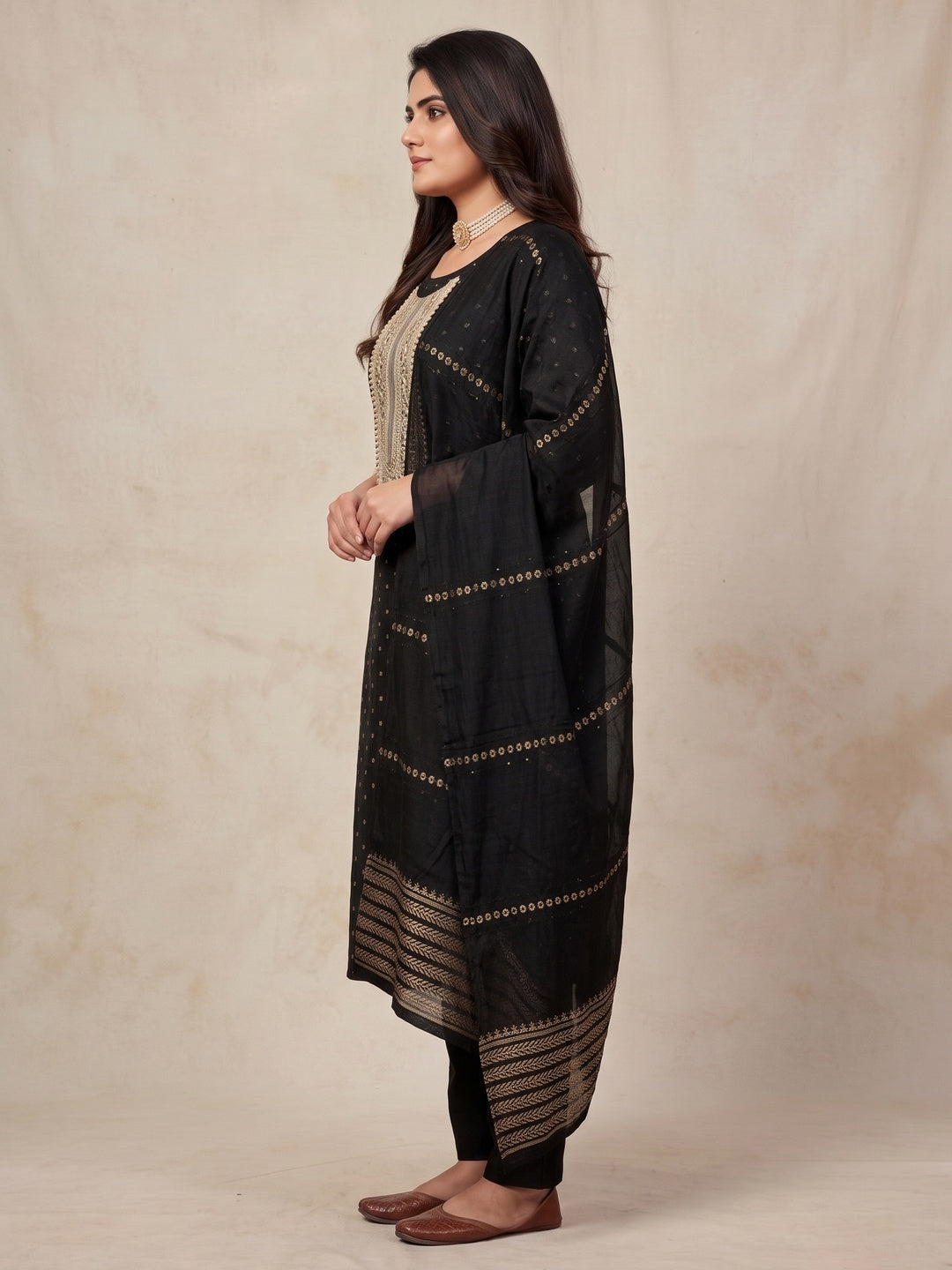 Peachmode Black Embroidered Chanderi Dress Material - Image 3