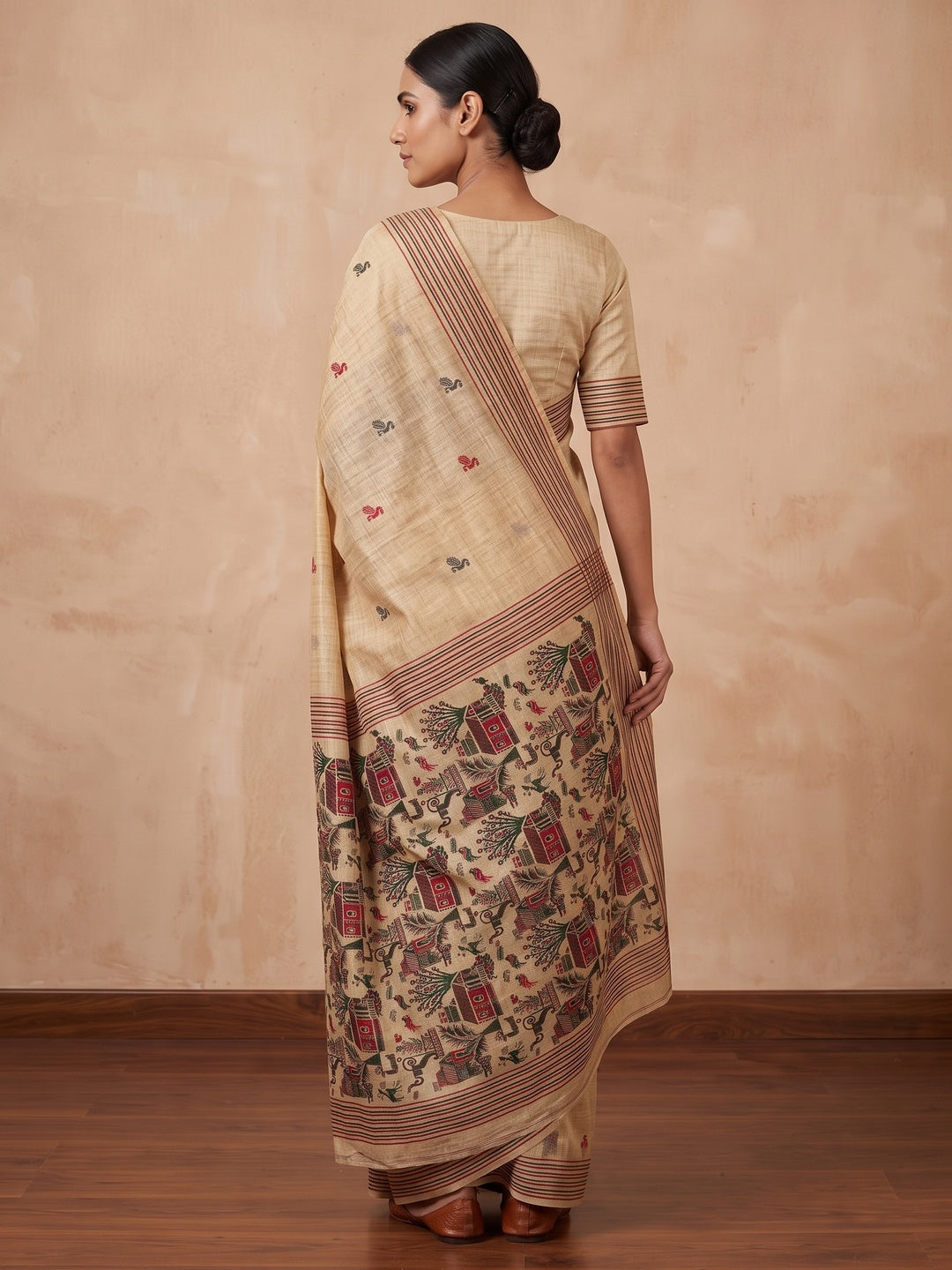 Peachmode Cream Black Woven Cotton Blend Jamdani Saree - Image 4