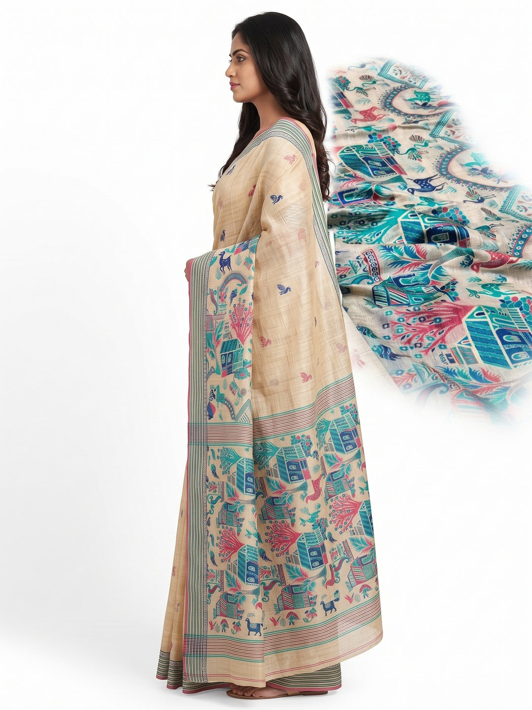 Peachmode Cream Teal Woven Cotton Blend Jamdani Saree - Image 5
