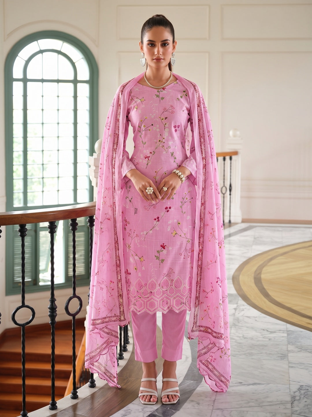 Baby Pink Floral Digital Printed Pure Cotton Salwar Suit - Image 1