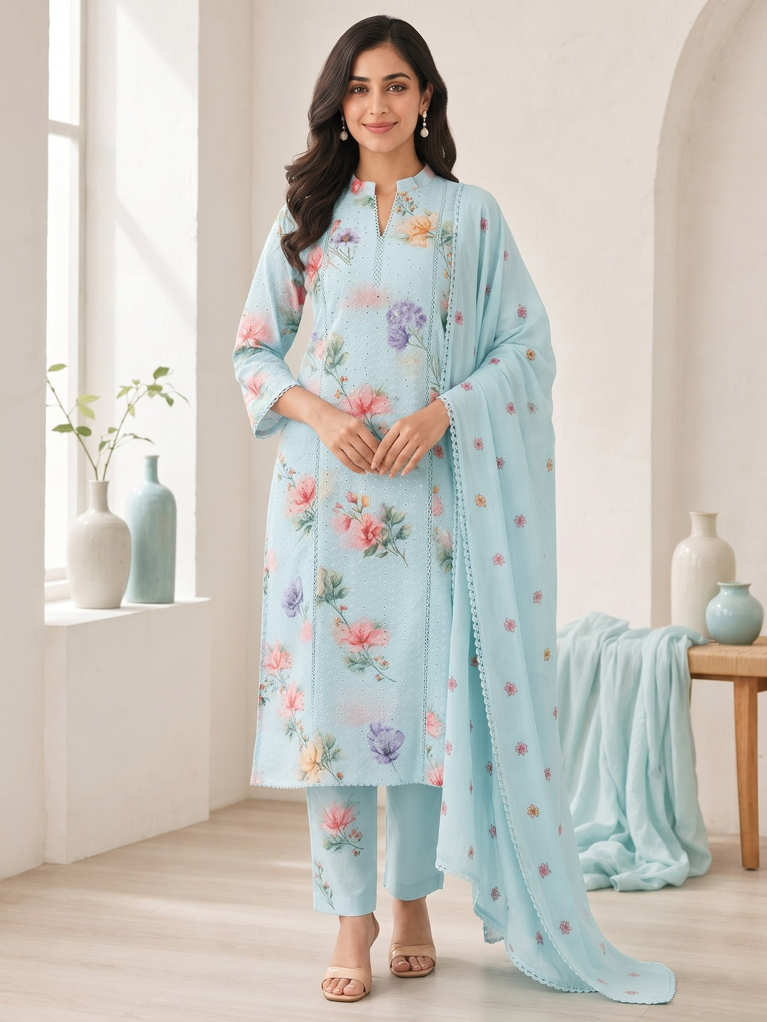 Aqua Pure Cotton Chikankari Floral Salwar Suit Set - Image 5