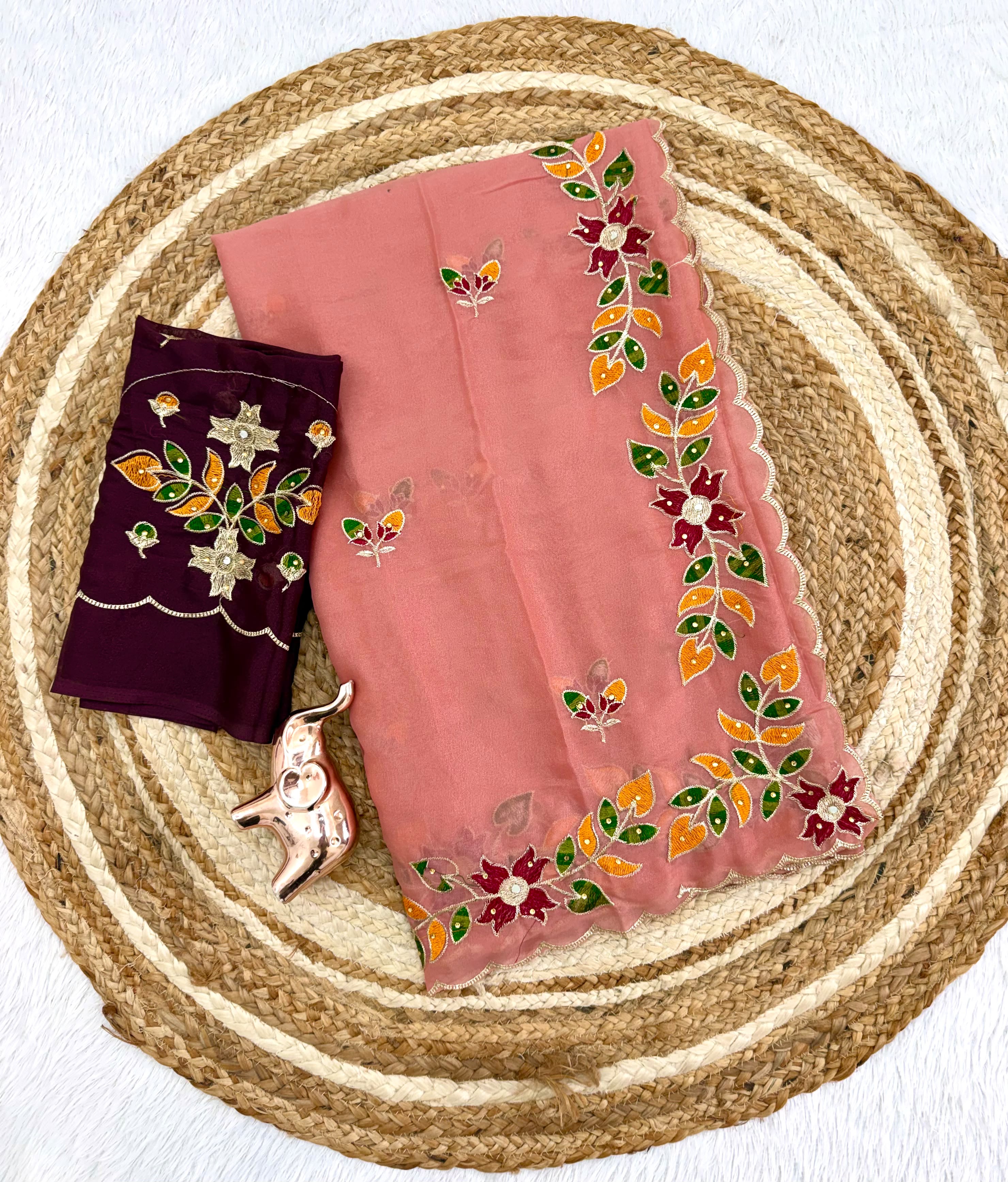 Peachmode Peach Embroidered Shining Georgette Saree - Image 2