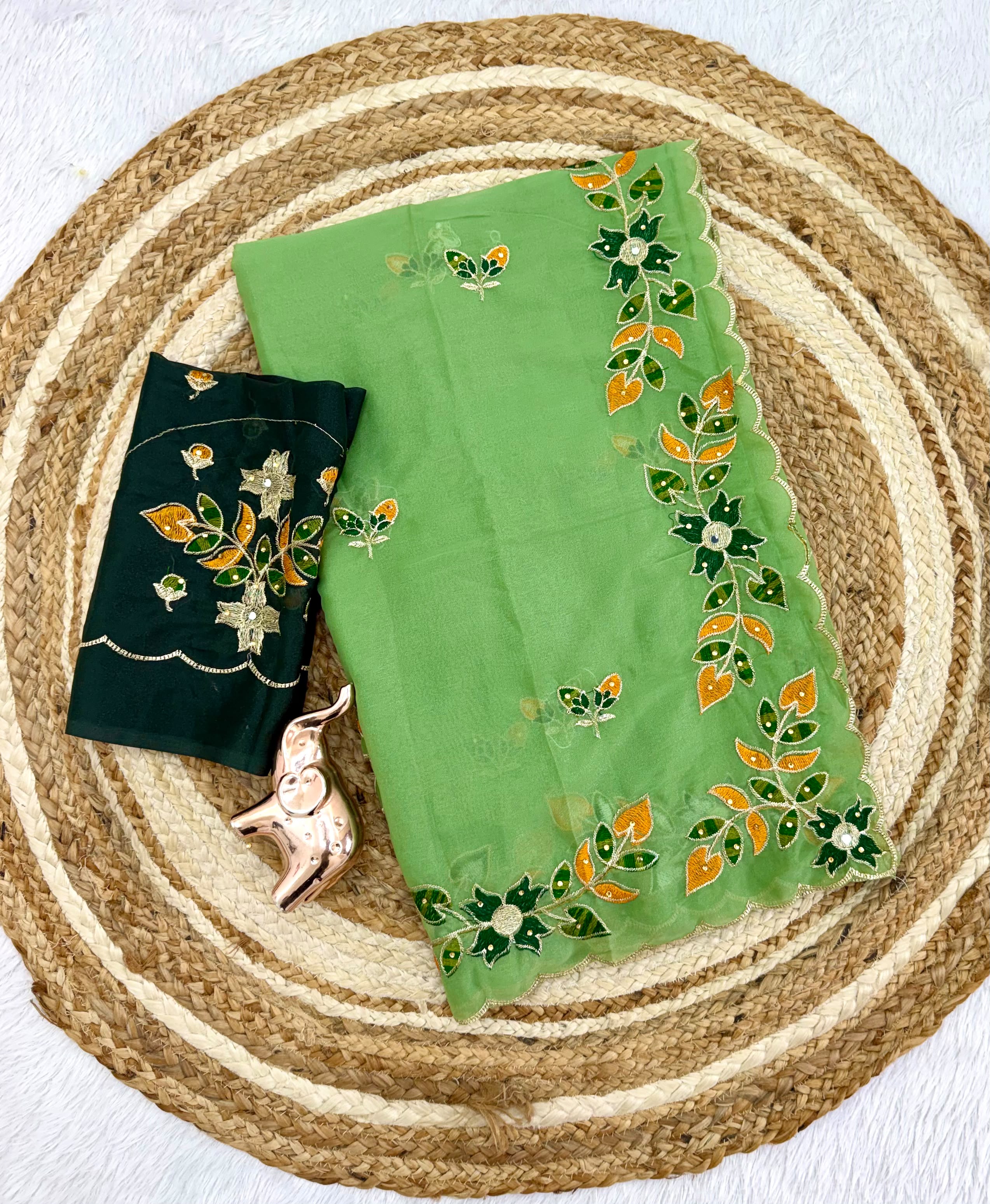 Peachmode Green Embroidered Shining Georgette Saree - Image 3