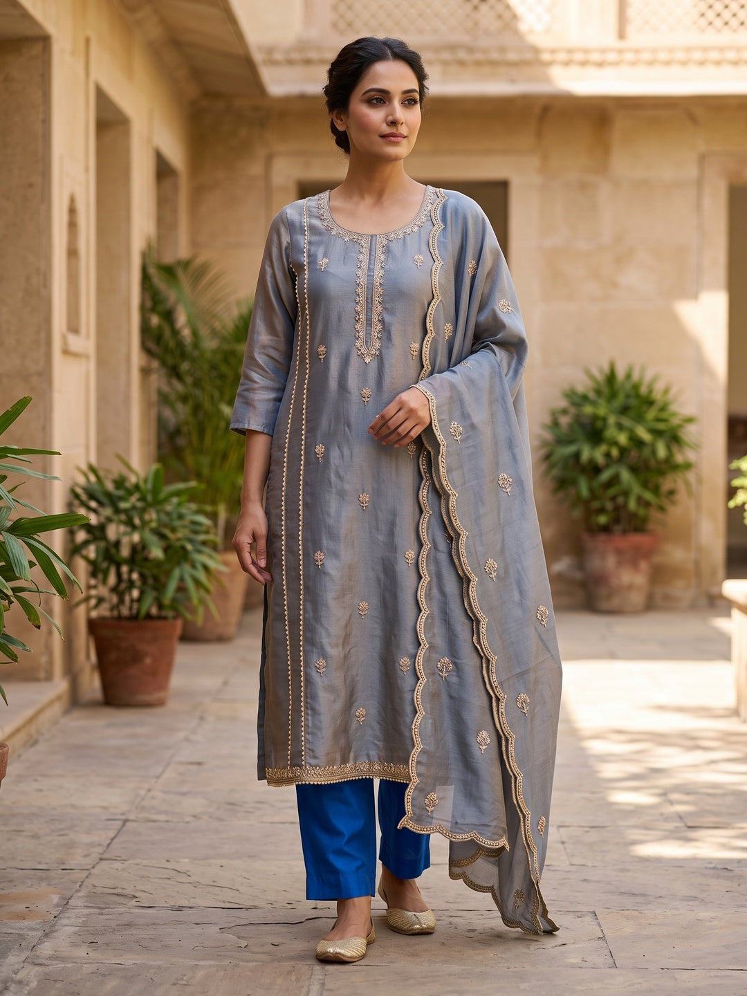Peachmode Grey Silk Blend Embroidered Salwar Suit Set - Image 1