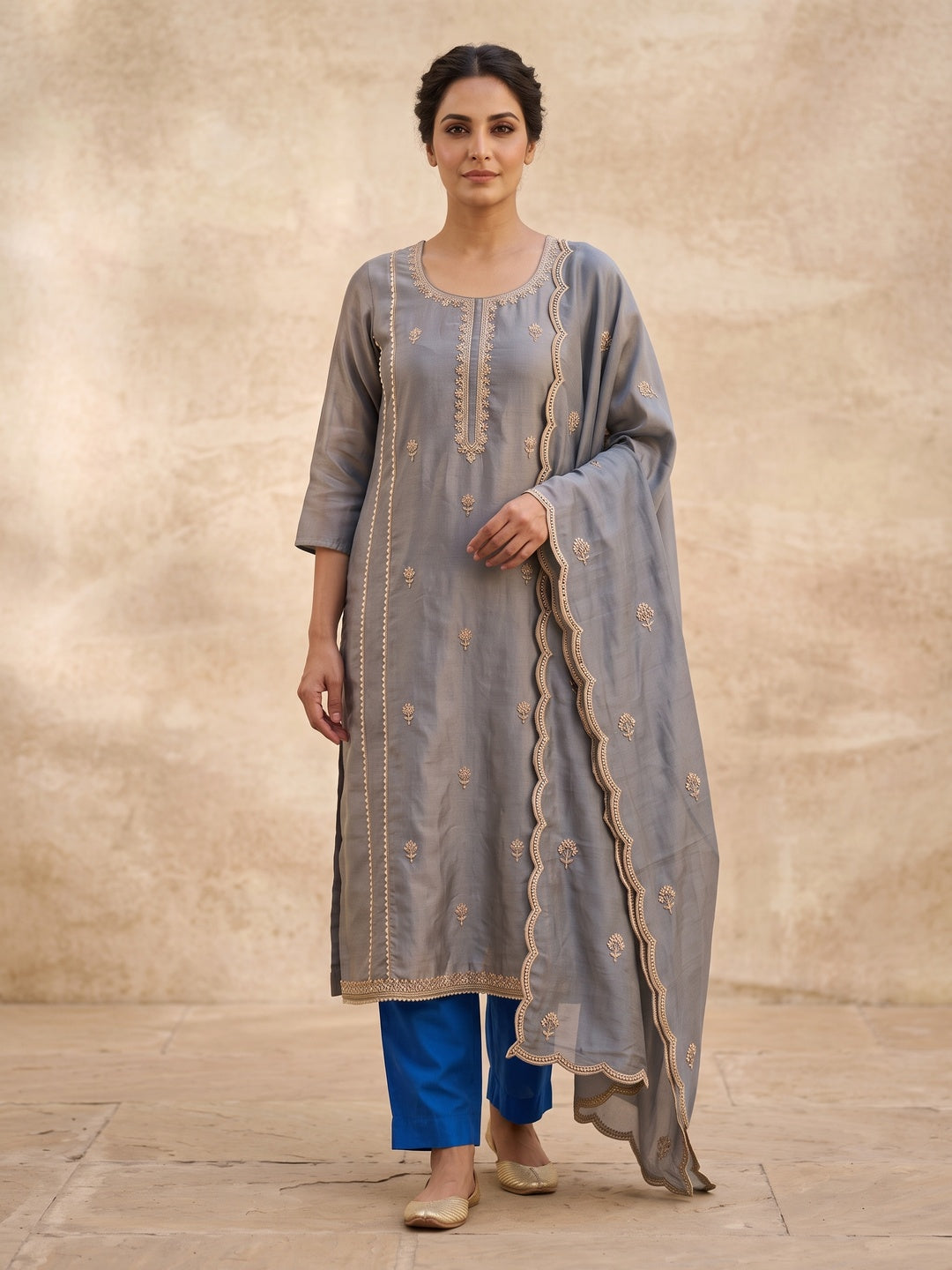 Peachmode Grey Silk Blend Embroidered Salwar Suit Set - Image 2