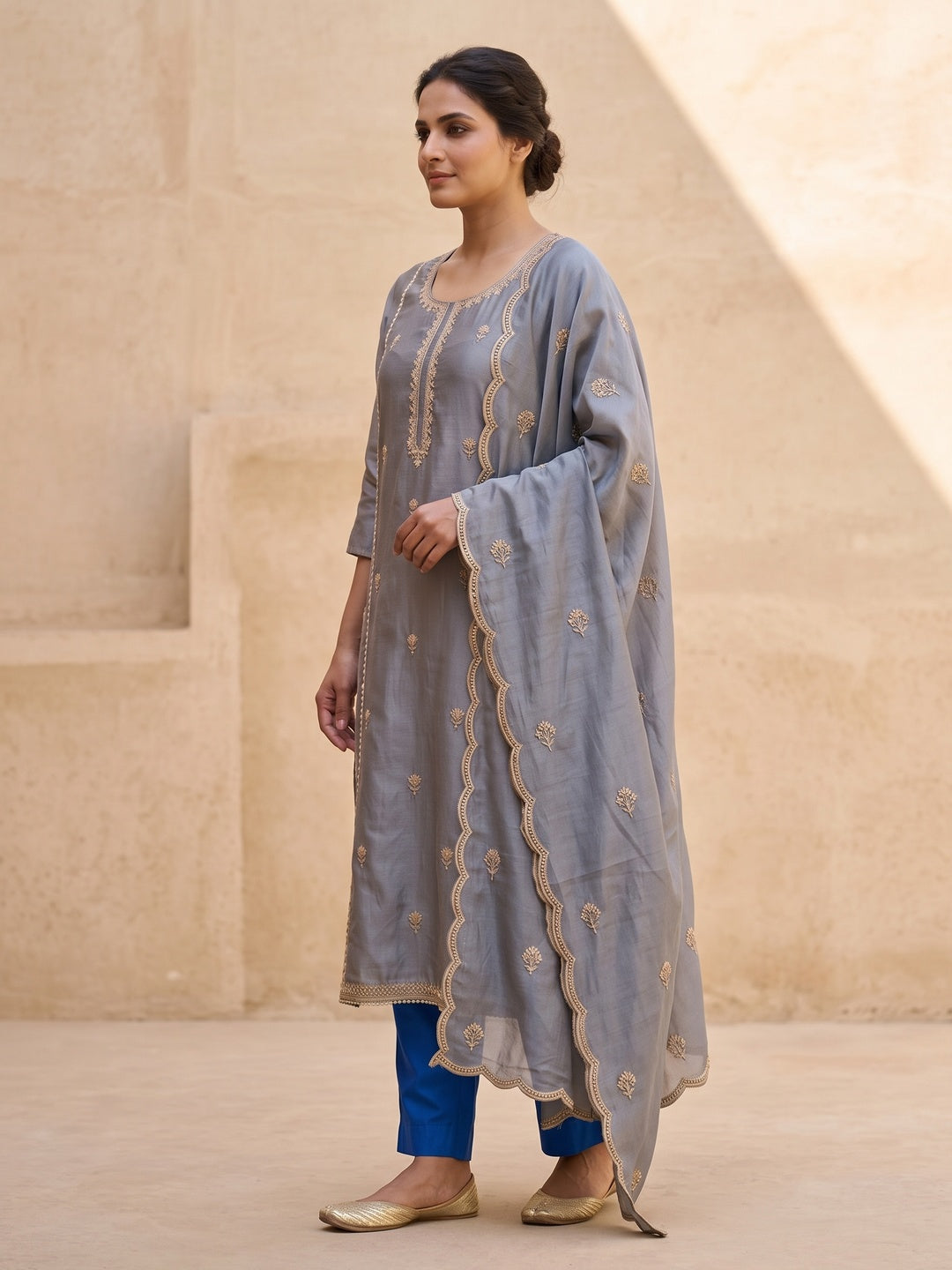 Peachmode Grey Silk Blend Embroidered Salwar Suit Set - Image 3