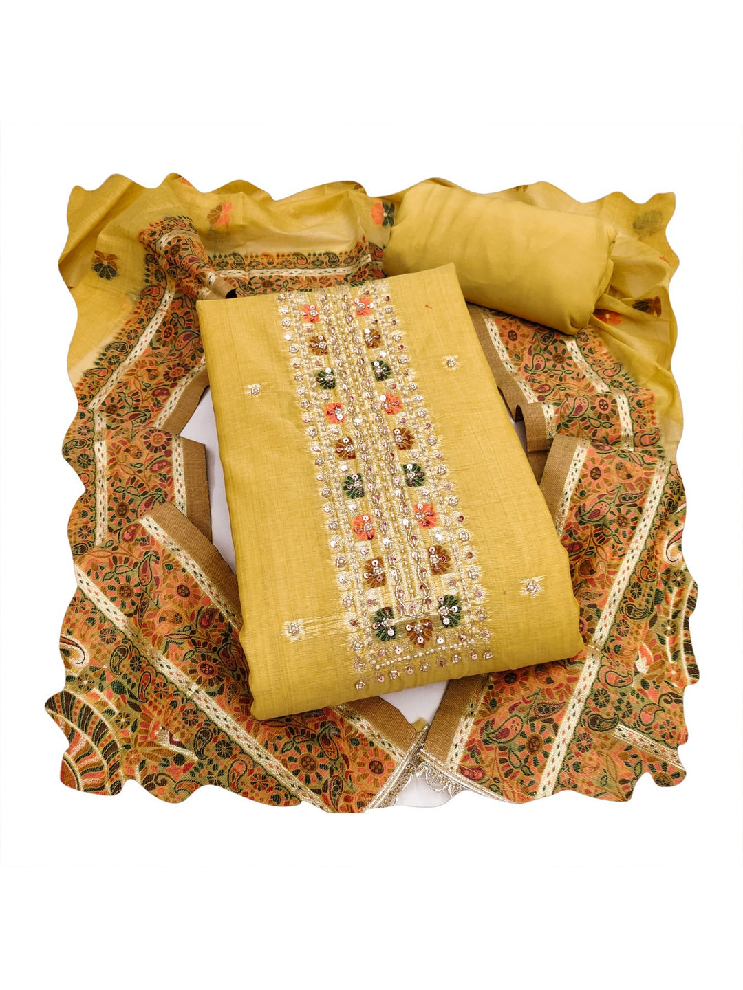 Peachmode Pure Banarasi Cotton Yellow Unstitched Dress Material - Image 3
