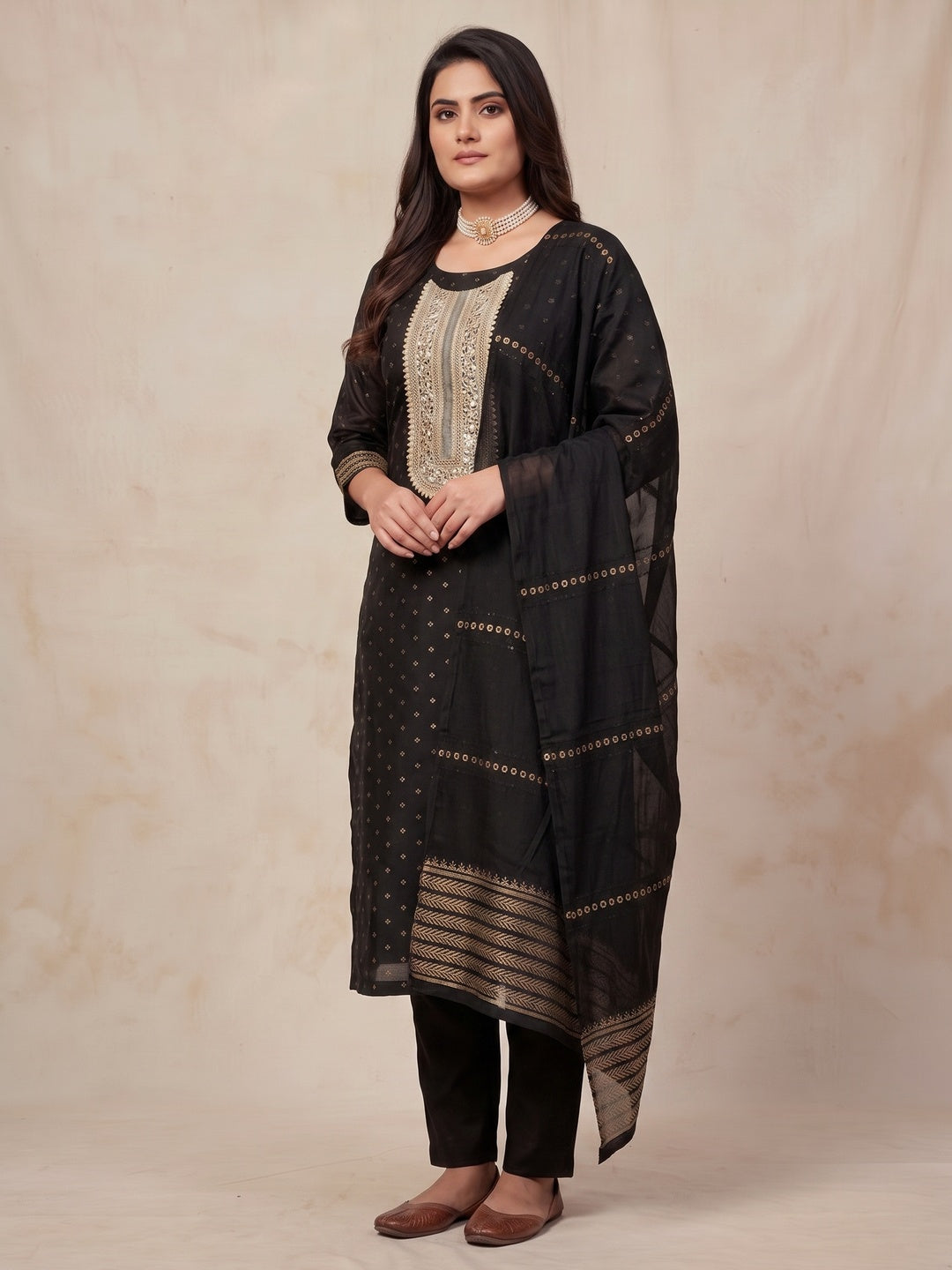 Peachmode Black Embroidered Chanderi Dress Material - Image 1