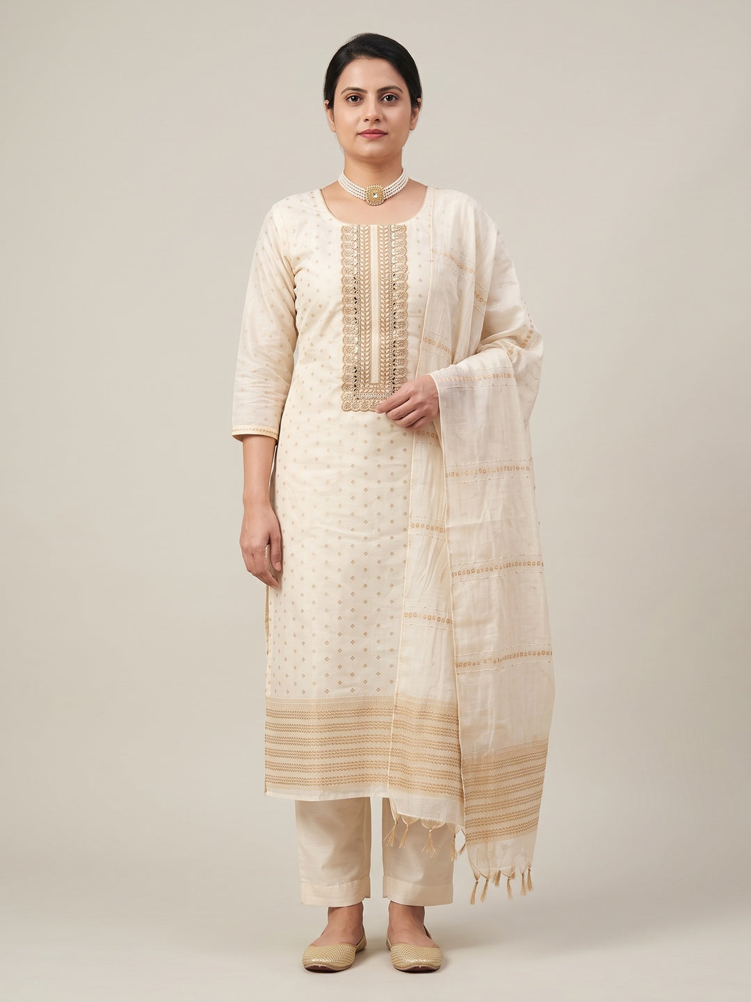 Peachmode Off White Embroidered Chanderi Dress Material - Image 1