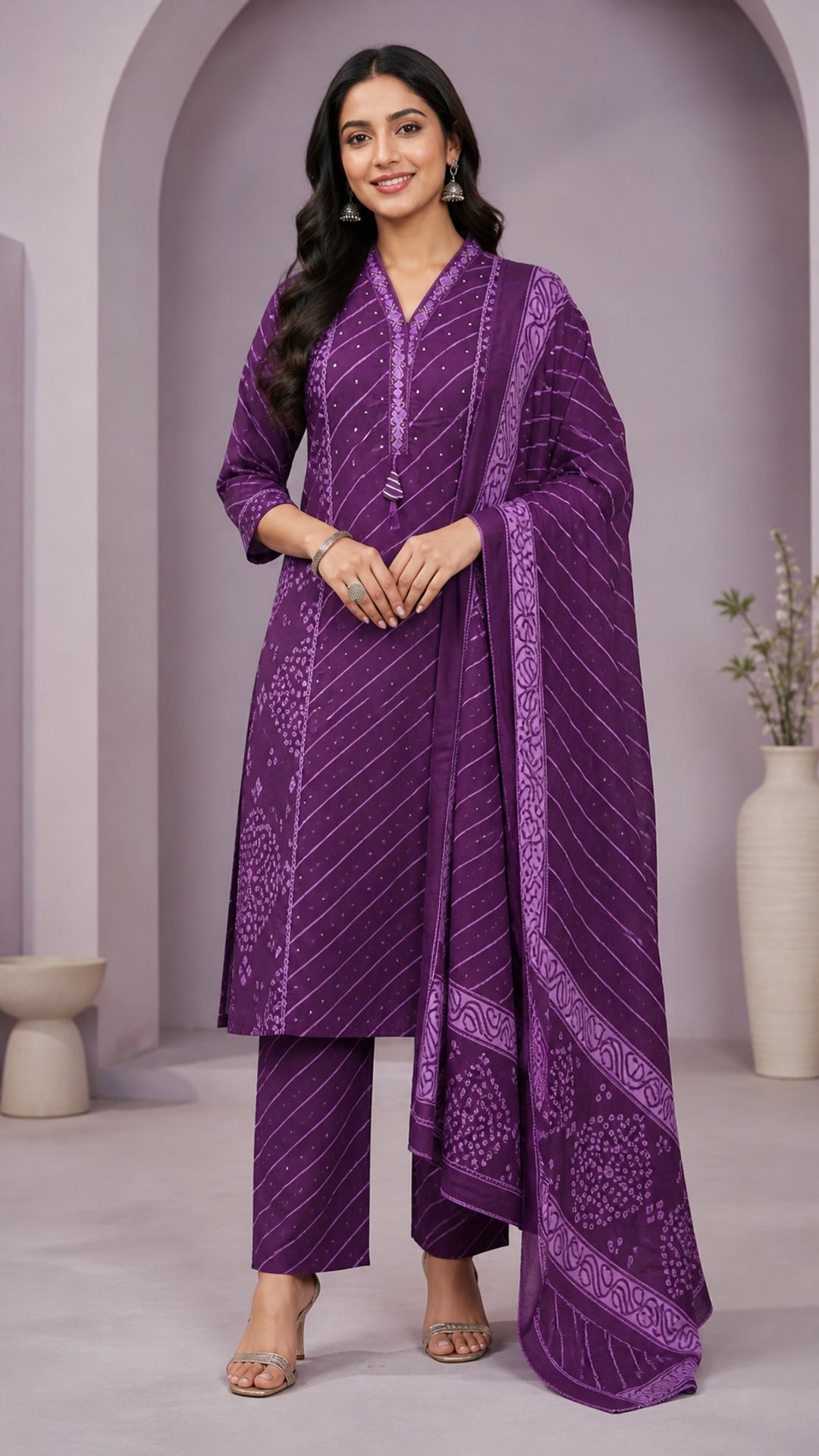 Purple Pure Cotton Leheriya Embroidered Salwar Suit Set - Image 6