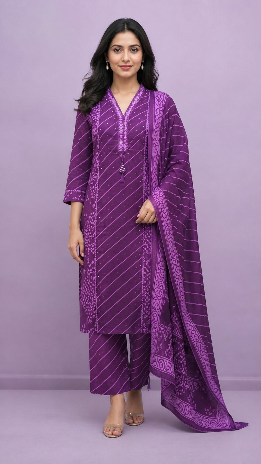 Purple Pure Cotton Leheriya Embroidered Salwar Suit Set - Image 7