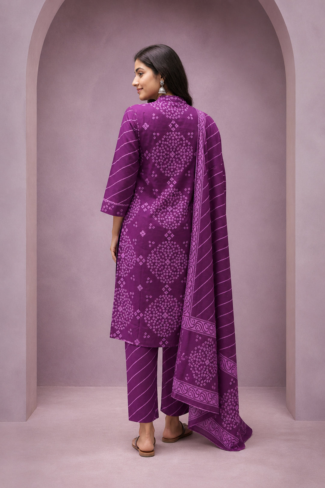 Purple Pure Cotton Leheriya Embroidered Salwar Suit Set - Image 9