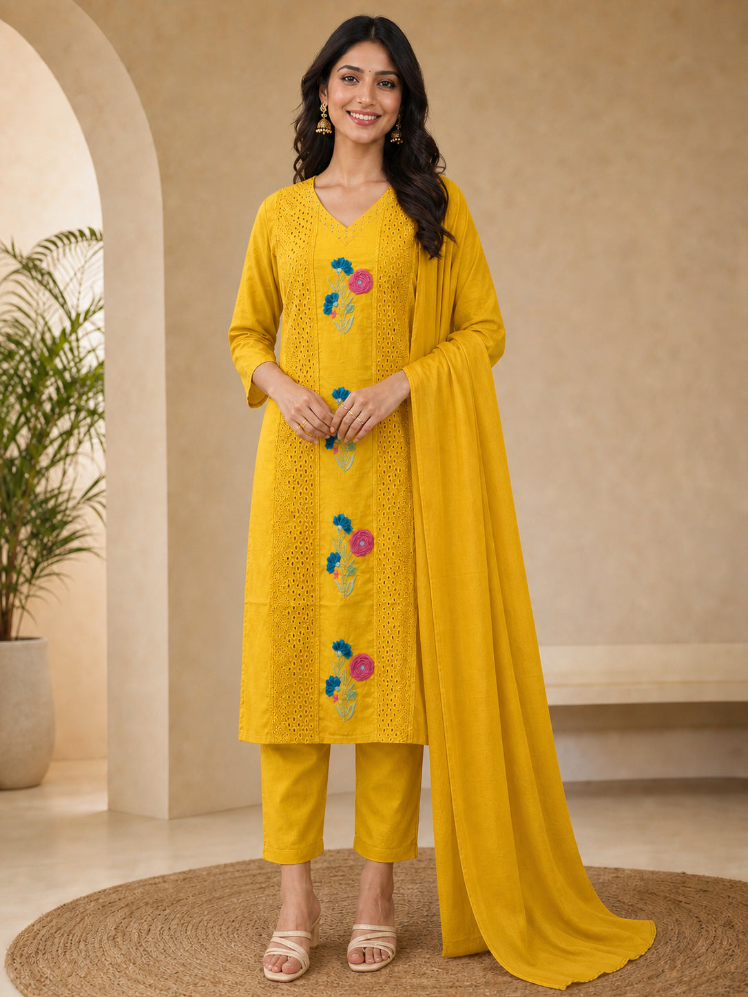 Peachmode Gold Mul Cotton Floral Embroidered Salwar Suit - Image 2