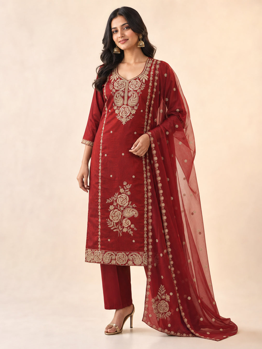 Peachmode Maroon Chanderi Silk Blend Embroidered Salwar Suit - Image 3