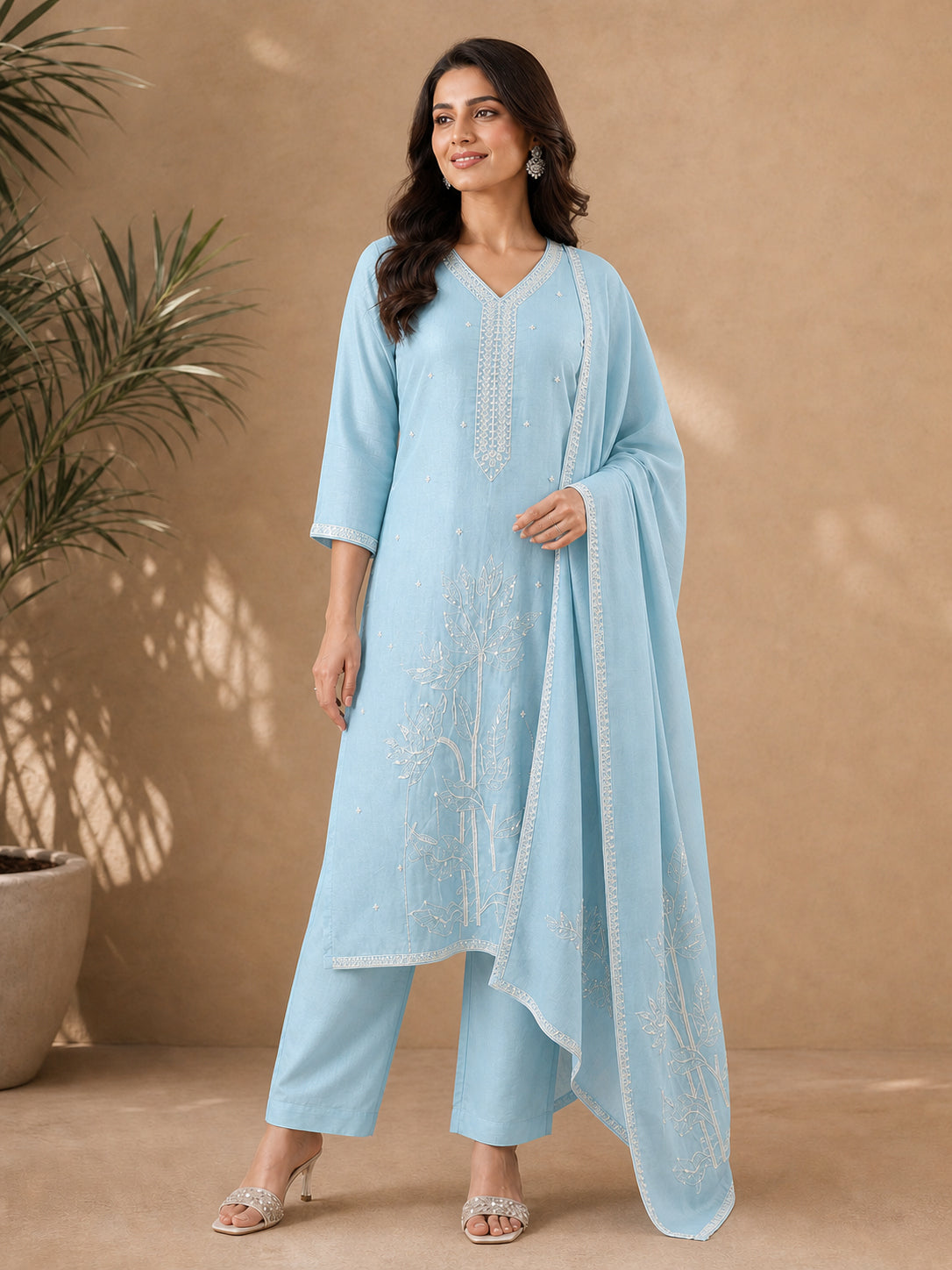 Peachmode Sky Blue Vichitra Silk Embroidered Salwar Suit - Image 3