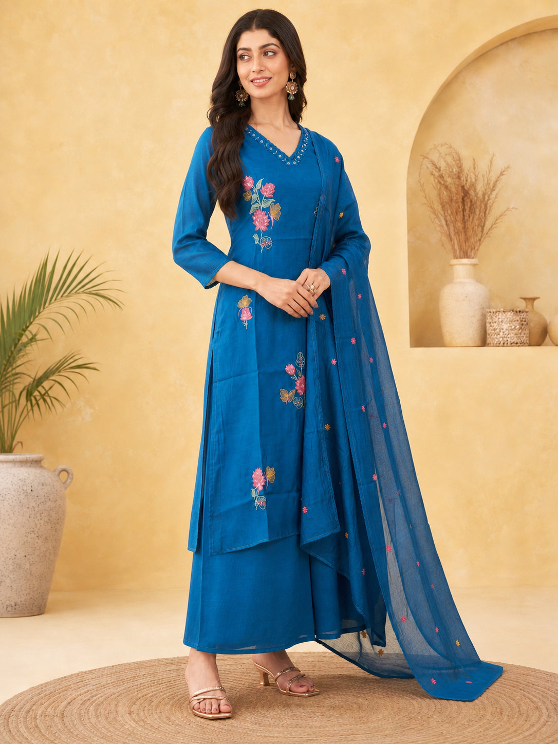 Peachmode Blue Chanderi Floral Embroidered Salwar Suit - Image 4
